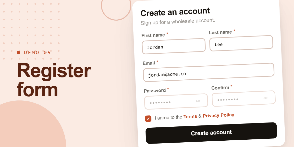 Wholesale register form demo